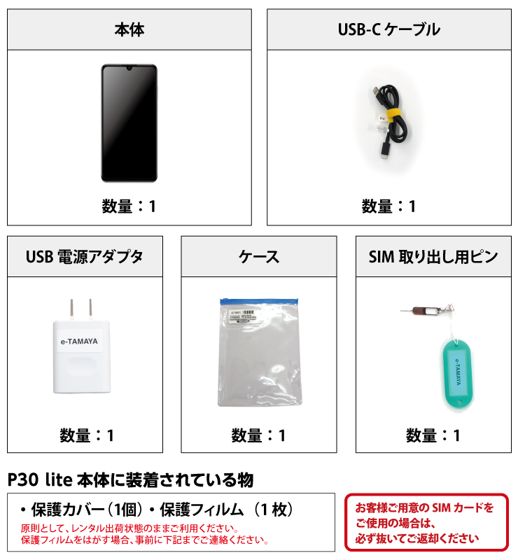 P30 lite ※SIM無し 付属品の一覧