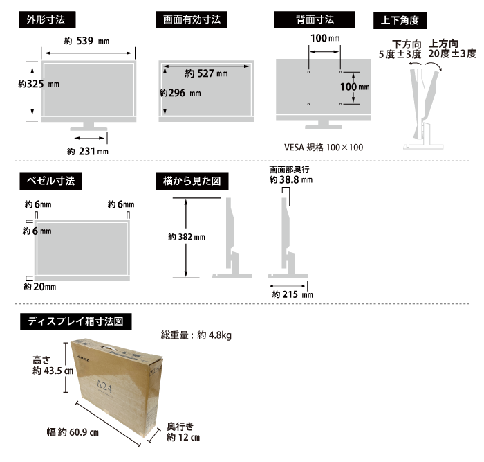 IOﾃﾞｰﾀ 23.8型ワイド LCD-A241DB サイズ