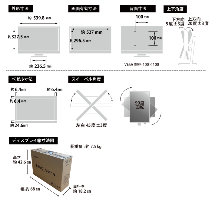 IOﾃﾞｰﾀ 23.8型ワイド LCD-BC241DB-F サイズ