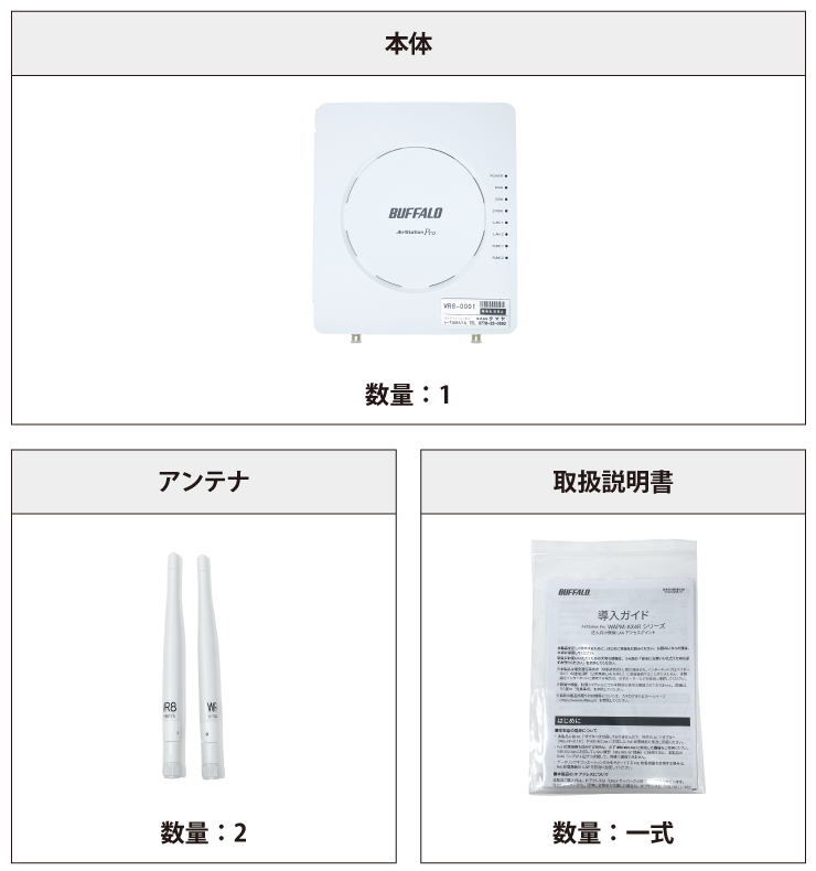 BUFFALO 無線アクセスポイント PoE対応/1000BASE-T/WiFi6 WAPM-AX4R (本機単独でのインターネット接続不可)ACアダプタ無し 付属品の一覧