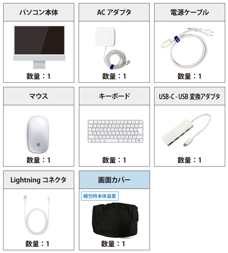 iMac Retina 24インチ(4.5K)【メモリ16GBモデル】 Z19D 付属品の一覧