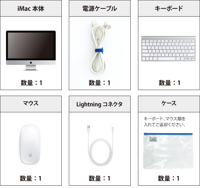 iMac Retina 27インチ(5K) MRQY2J/A【マンスリーレンタル】 付属品の一覧