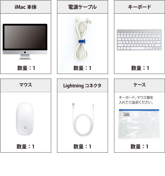 iMac Retina 27インチ(5K) MRR12J/A【マンスリーレンタル】 付属品の一覧