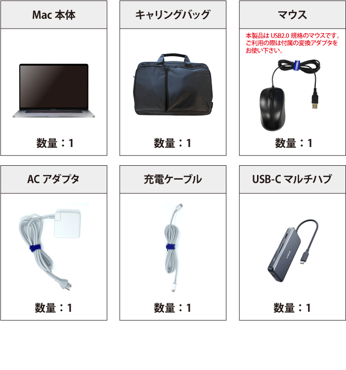 MacBook Pro Retina 16インチ MVVL2J/A【マンスリーレンタル】 付属品の一覧